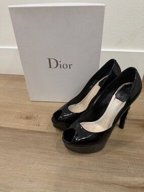 Dior Black Patent Peep-Toe Platform Pumps with High Stiletto Heel